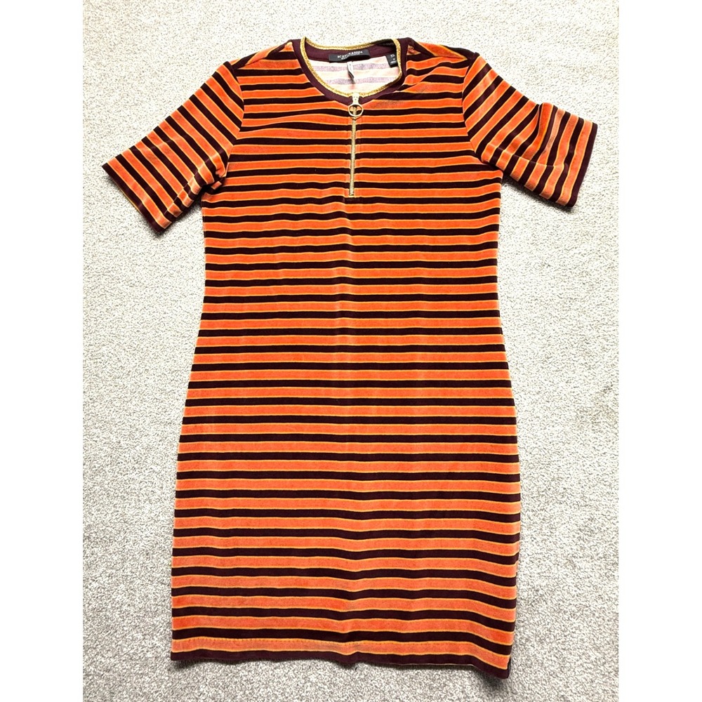 Scotch‎ Soda Maison Striped Velvet Zip Neck Dress Orange Burgundy M